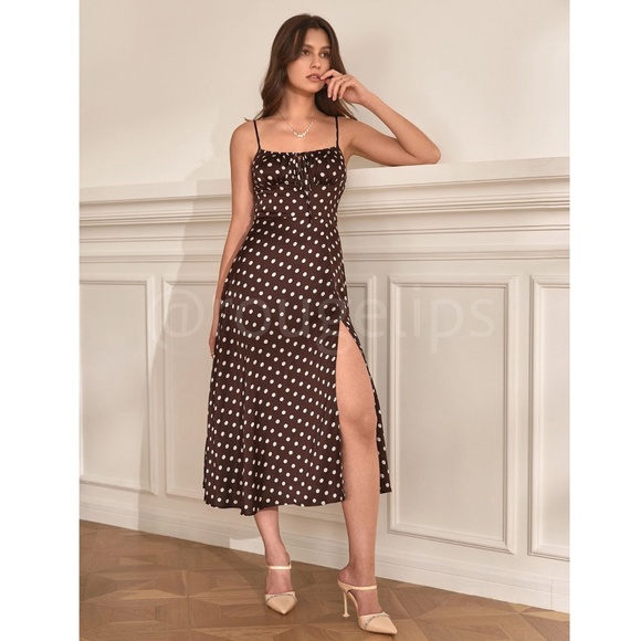 French Style Polka Dot Brown Midi Dress Leg Slit - Picture 4 of 16